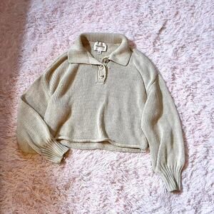 Industry Knit Beige Oatmeal Minimalist Quiet Luxury Curled Hem Cropped Sweater